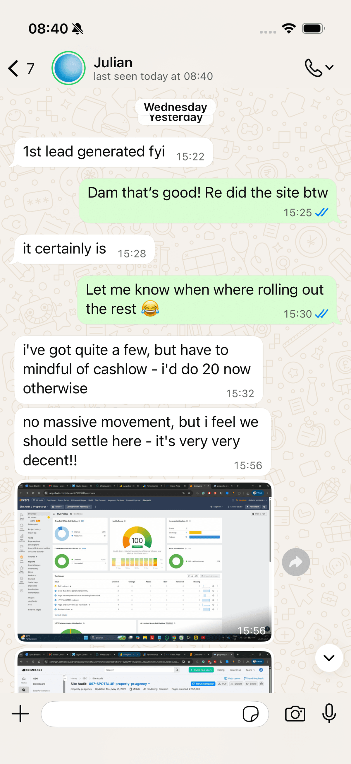 Client message: 1st lead generated, site health 100